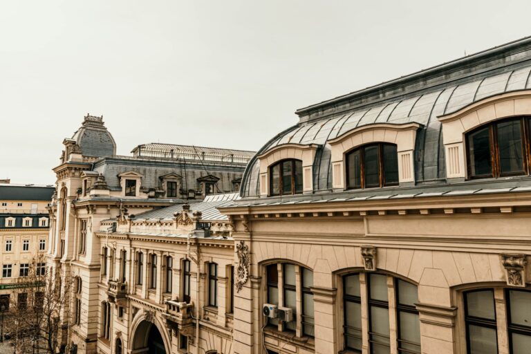Immeubles anciens, toits en zinc et façades ornées dans un centre historique urbain.